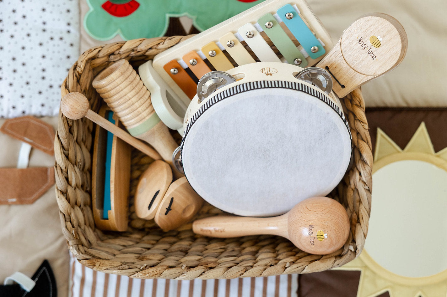 Wooden instrument set in a woven basket