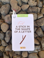 wild wander card with words "find a stick in the shape of a leter"
