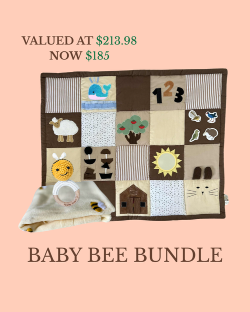 Baby sensory play mat, crocheted bee rattle with wooden ring and a bee knit baby blanket, labeled 'Baby Bee Bundle'.