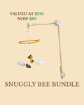 Wooden cot arm and bee baby mobile labelled, Snuggly Bee Bundle with price reduction text on a beige background