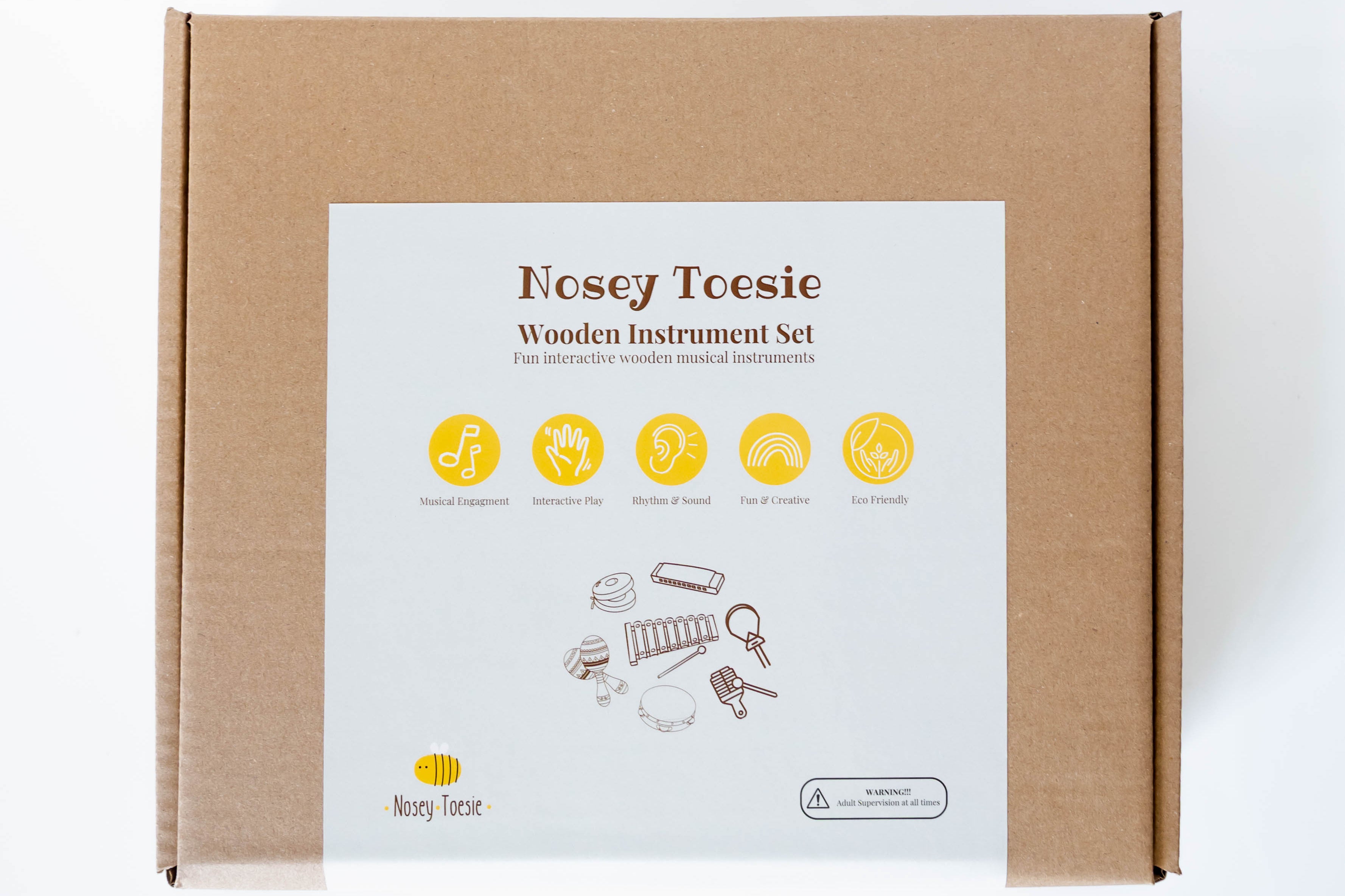 Brown cardboard box with 'Nosey Toesie' wooden instrument set packaging on a white background