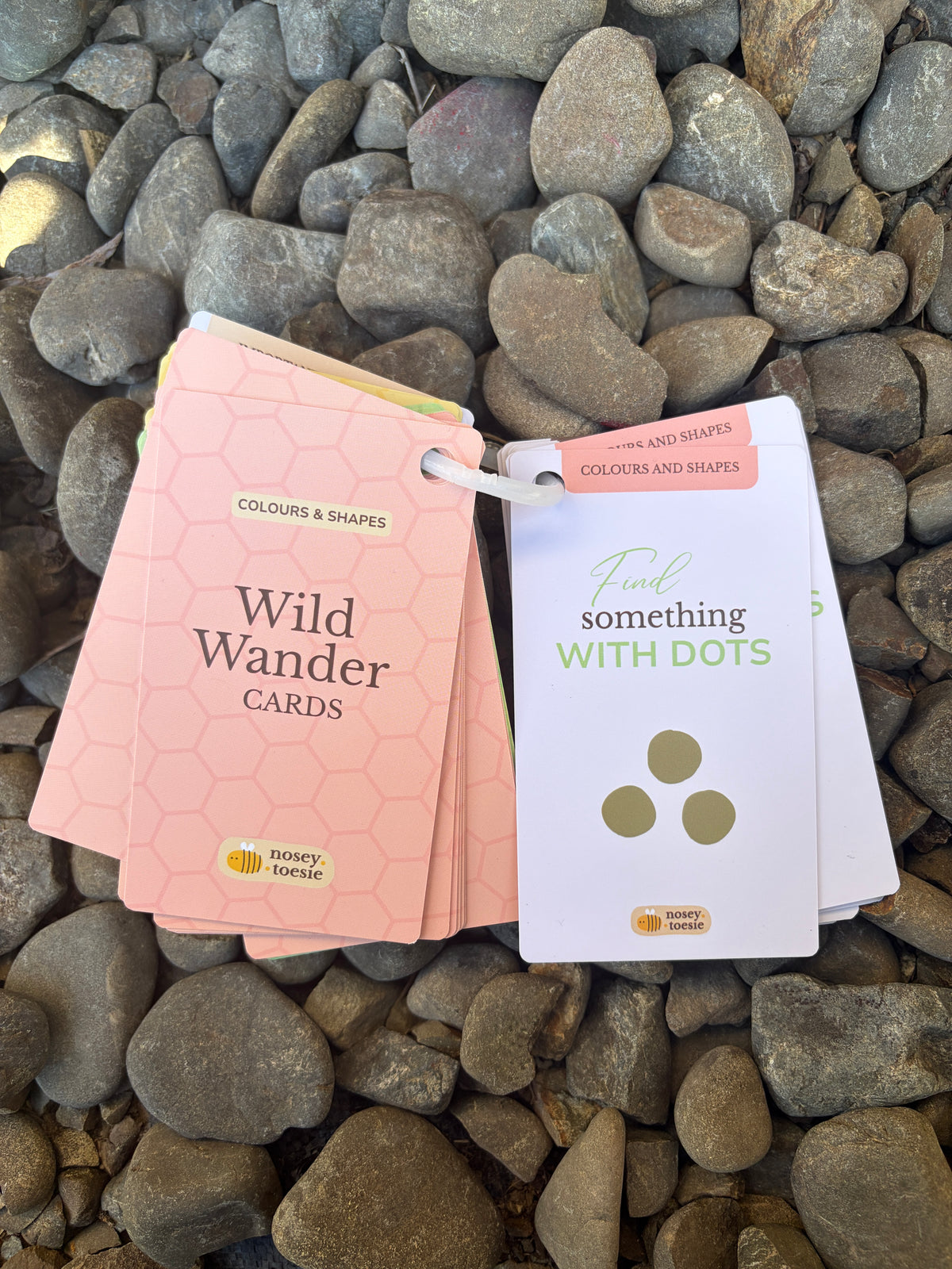 A set of 'Wild Wander Cards', featuring a pink card stack and a white card titled 'Find something WITH DOTS', displayed on a bed of smooth grey river stones.