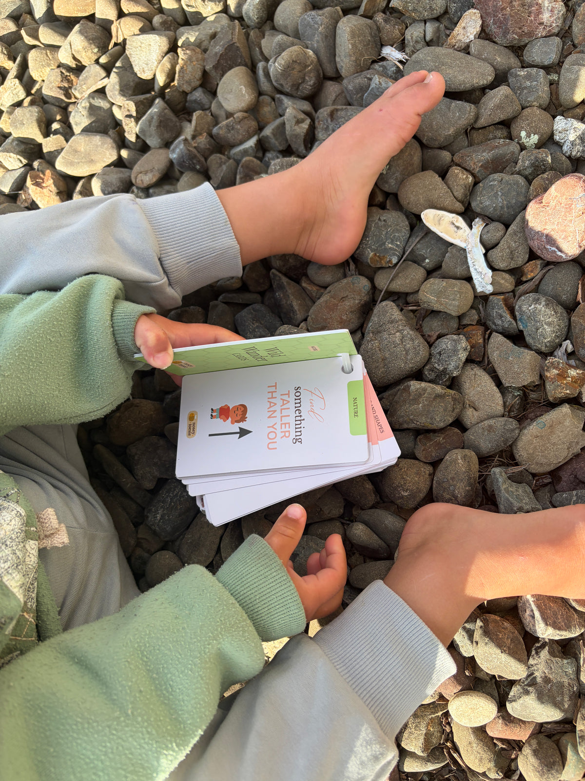 A child sitting on a bed of small gray rocks holding Nosey Toesie Wild Wander Cards