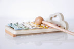 Wooden xylophone with metal keys and wooden mallet on a white background